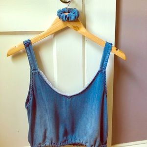 denim tank top with white lace at top